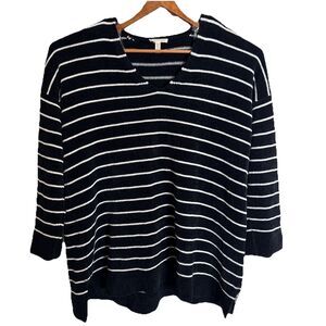 EILEEN FISHER XL Sweater Organic Cotton Chenille V Neck Black White Stripe Boxy